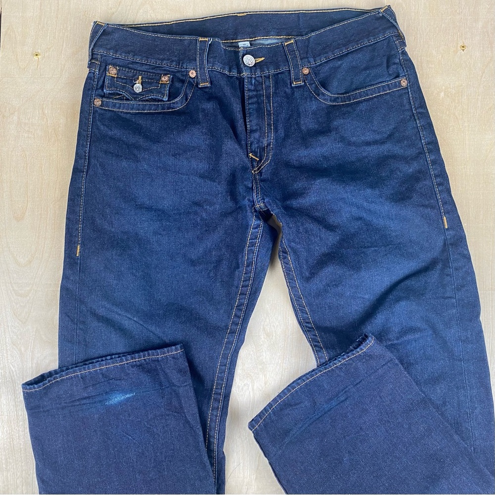 True Religion Mens 38 Rickey Straight Jeans With Flaps (17266-00) Dark Denim